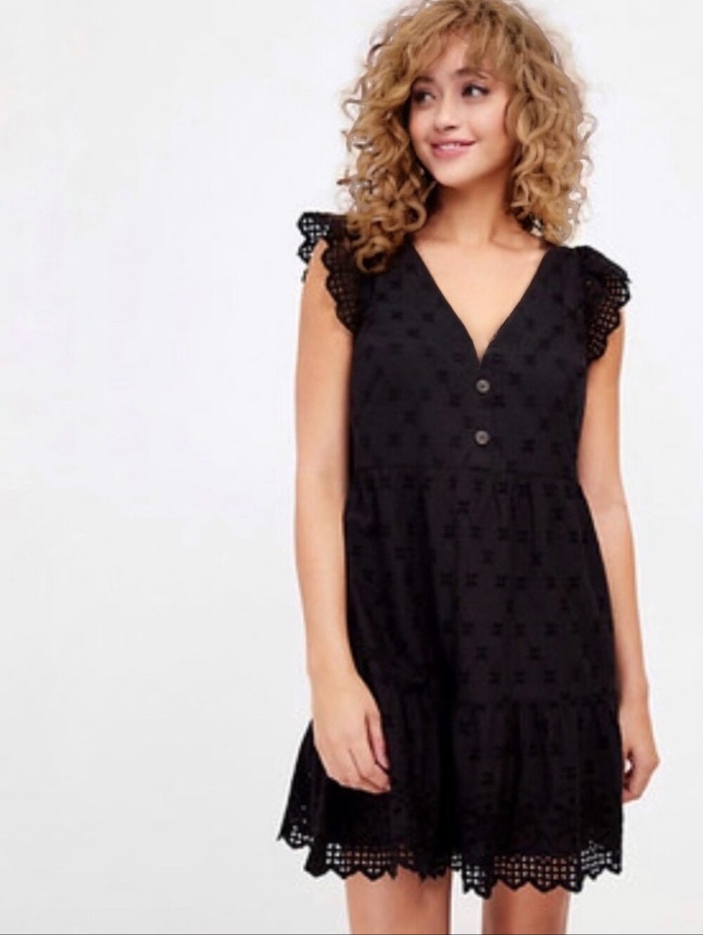 LOFT Black Cotton Dress Eyelet Embroidery Flutter Sleeves Tiered Swing  Sz.2